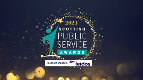 Image is a logo for the awards ceremony and says '2021 Scottish Public Service Awards. Headline sponsor: Leidos'