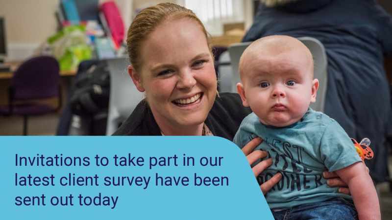 A female carrying a baby, text appears that reads 'Invitations to take part in our latest client survey have been sent out today'