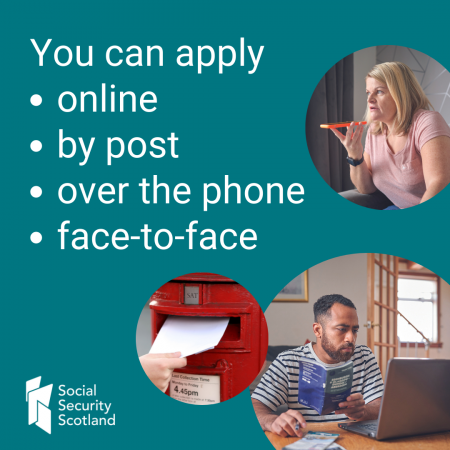 Images show various ways to apply including on the phone, by post, online and face-to-face